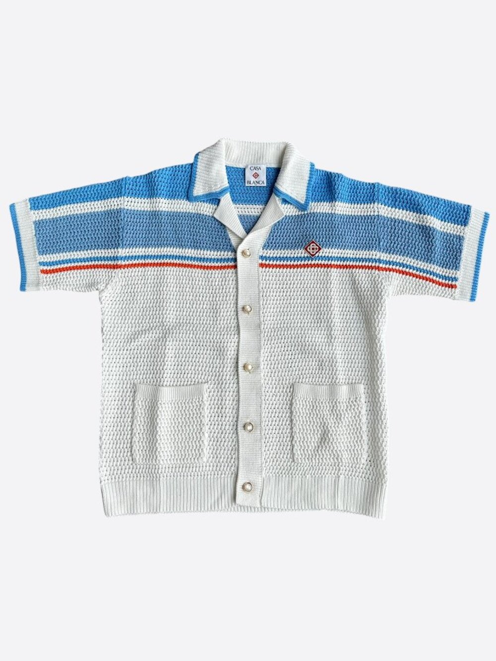 Casablanca White, Blue & Orange Striped Crochet Button Up Shirt